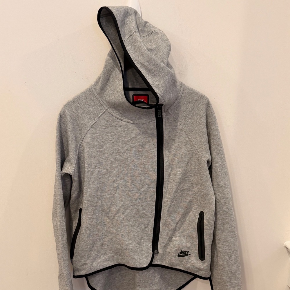 Nike Tech Fleece Asymmetrical Full Zip Hoodie Gray Black Trim Womens Small